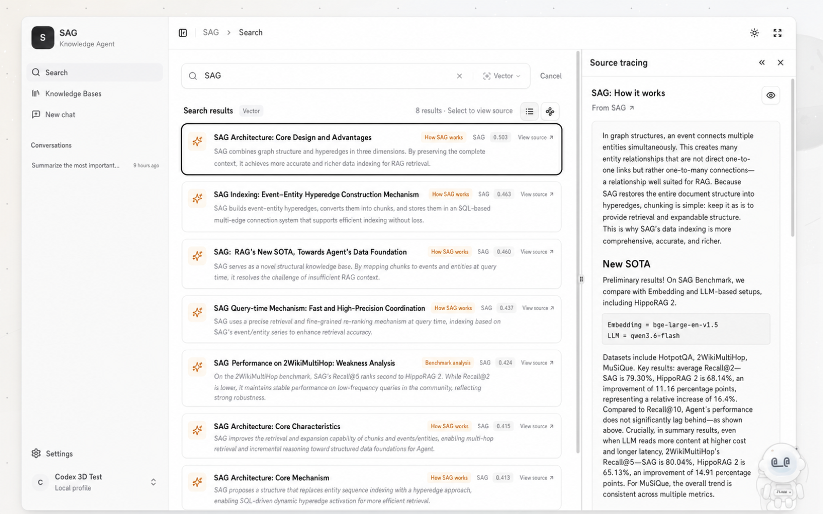 Retrieval results and source tracing in the SAG workspace